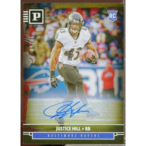 Justice Hill/50 Rookie Card 2019 Panini Signatures Holo Silver #31