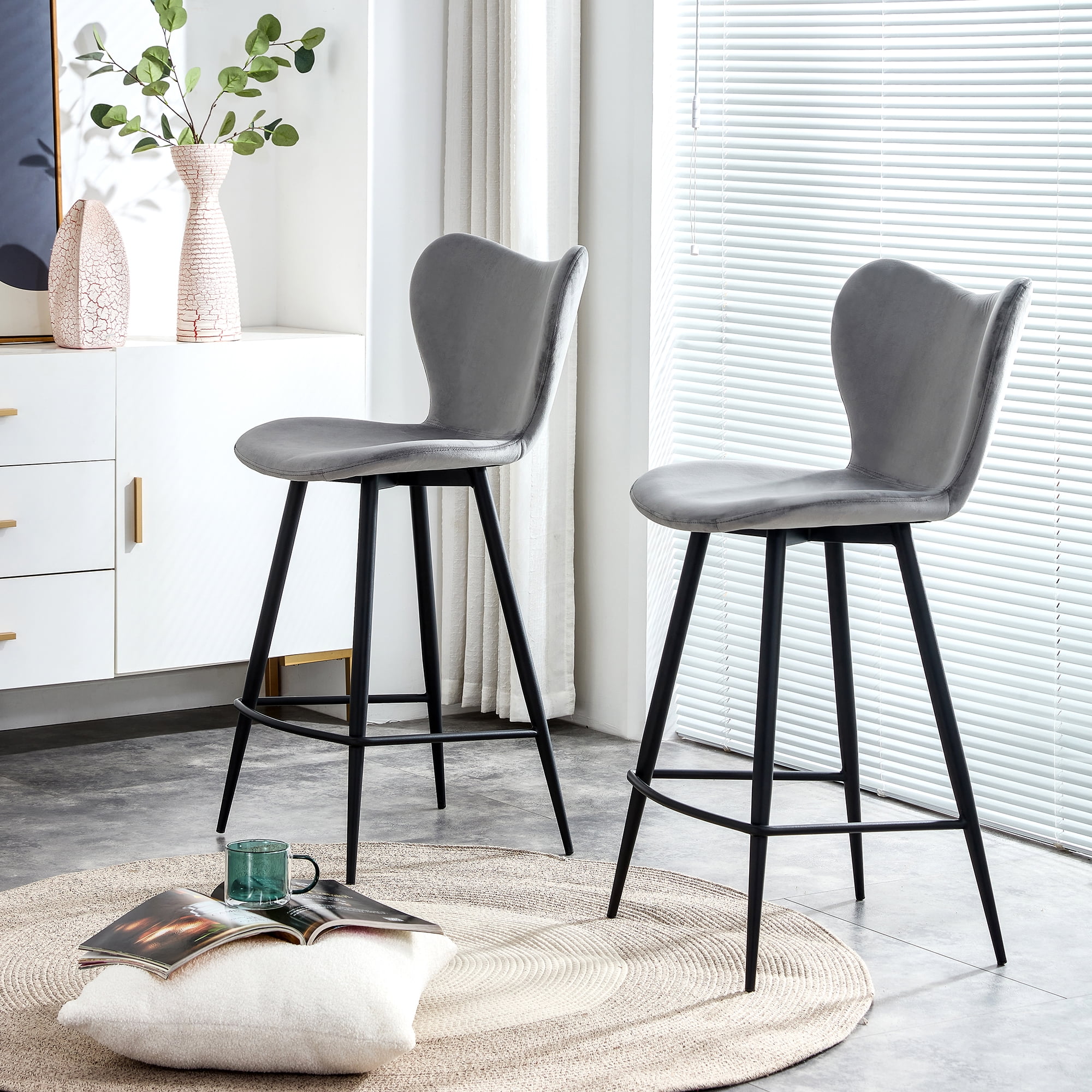 Resenkos Upholstered Velvet Bar Height Barstool Set of 2 with Back and Metal Legs, Modern Counter Height Dining Chair Grey