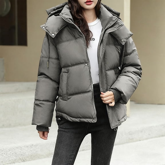Vivianyn HD Women's Oversized Quilted Puffer Jacket, Stand Collar Hooded Winter Coat with Pockets,Gray,Size M-XXL