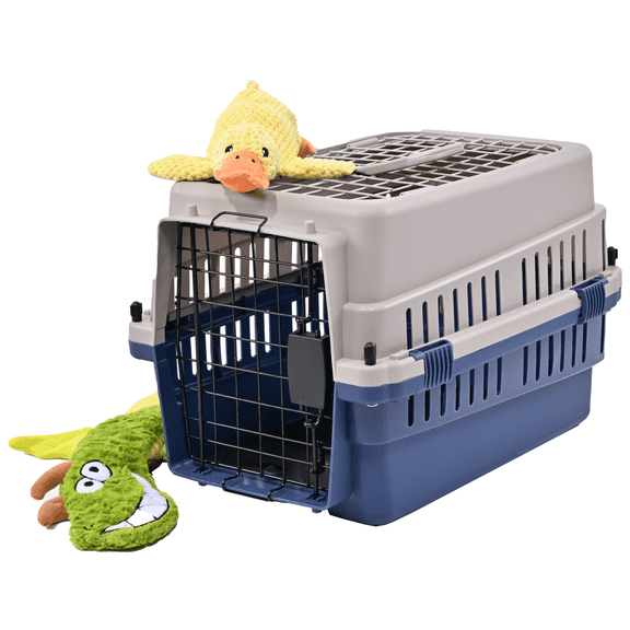 Freepet Hard-Sided Pet Carrier for Cats and Small Dogs, 20" Sturdy Travel Kennel with Secure Wire Door & 360° Ventilation, Portable Plastic Crate for Vet Visits & Car Trave (White/Blue)