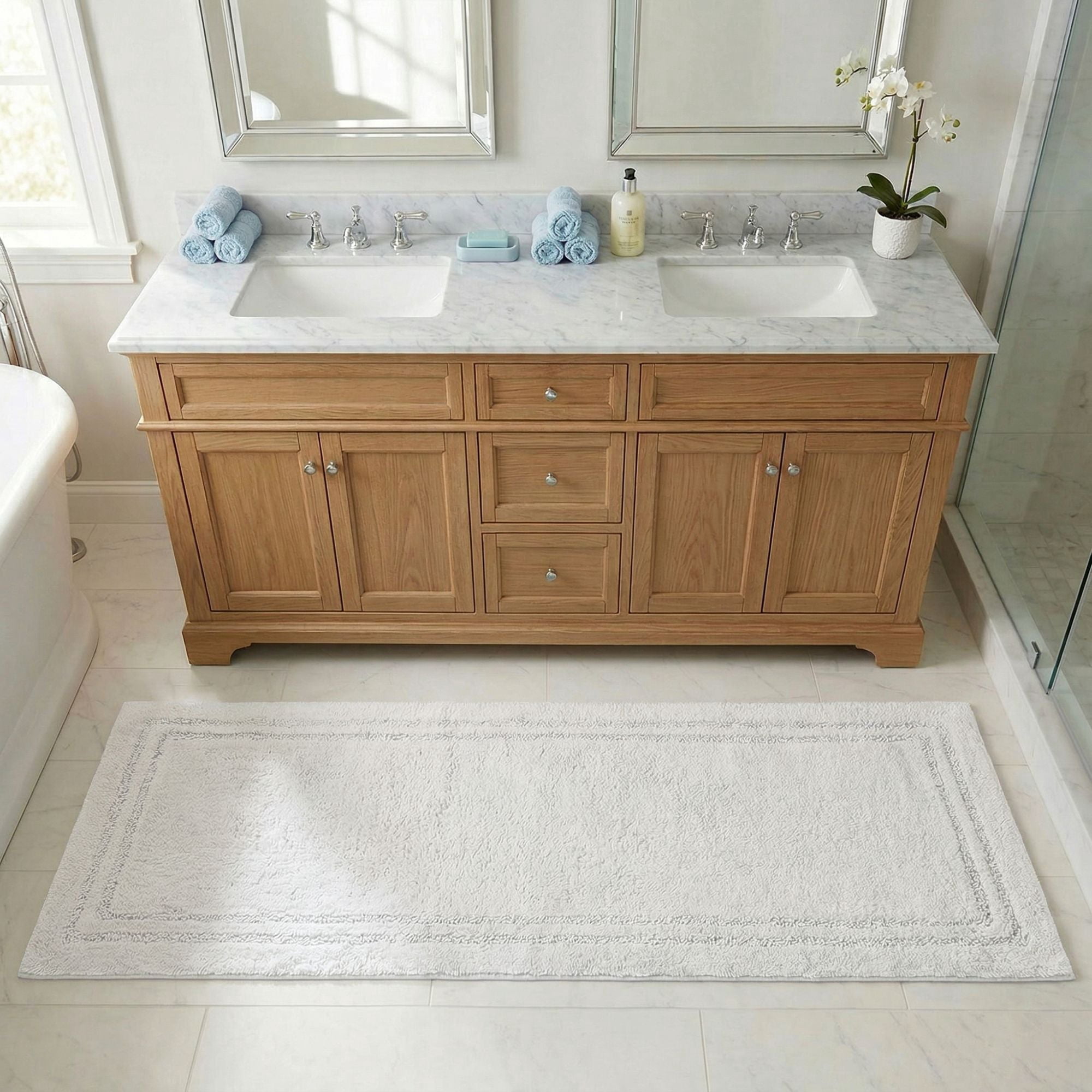 Superior Solid Bordered Cotton Washable Non-Slip Bath Rug, Runner Size, White