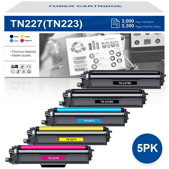 TN227 Toner Cartridge Compatible for Brother TN227 TN223 TN227BK TN-227BK/C/M/Y for MFC-L3770CDW HL-L3290CDW HL-L3270CDW HL-L3210CW HL-L3230CDW MFC-L3750CDW MFC-L3710CW Printer Ink (5-Pack)