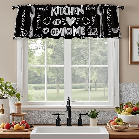 Farmhouse Black White Kitchen Valance for Windows Rustic Country Wooden Cute Spoon and Fork Short Kitchen Curtains Window Treatment Drapes Topper Curtains for Dining Room (54x18 Inch)