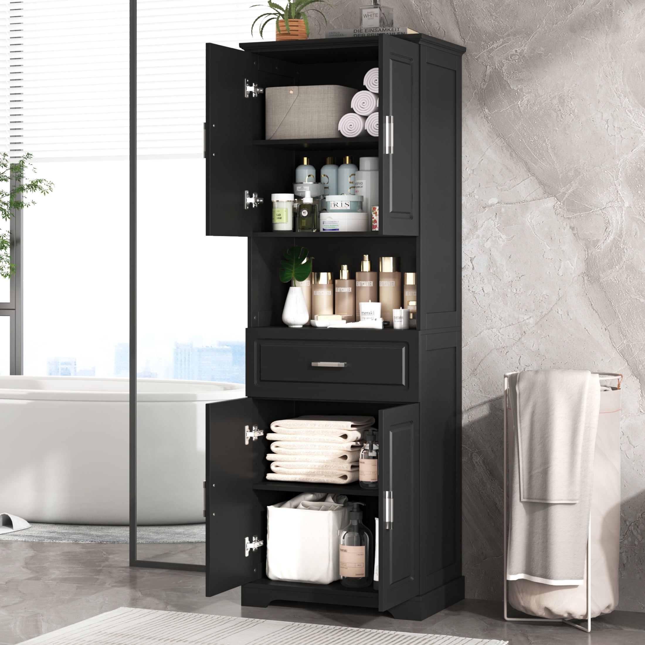 Noble House Modern Bathroom Storage Cabinet, Narrow Tall Cabinet with Drawer, Doors and Adjustable Shelves, Black