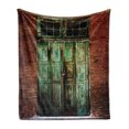 thumbnail image 1 of Rustic Soft Flannel Fleece Blanket, Rusty Old Door of Red Brick Wall House Dirty Doorway Front Exist Retro Textured Art Photo, Cozy Plush for Indoor and Outdoor Use, 50" x 70", Green, by Ambesonne, 1 of 6