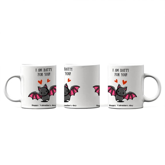 Funny Valentine's Day Mug, "I Am Batty For You" Cute Bat Pun, Romantic Novelty Gift for Boyfriend, Girlfriend, Crush