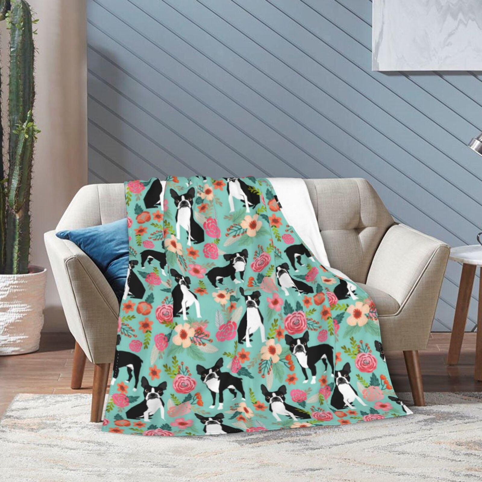 Boston Terrier Dogs Lovers Flower Floral Blanket Gifts For Kids Adults - Lightweight Throw Blanket For Bedroom Living Room Decor Soft Fuzzy Fleece Cozy Plush Bed Couch 80"X60"