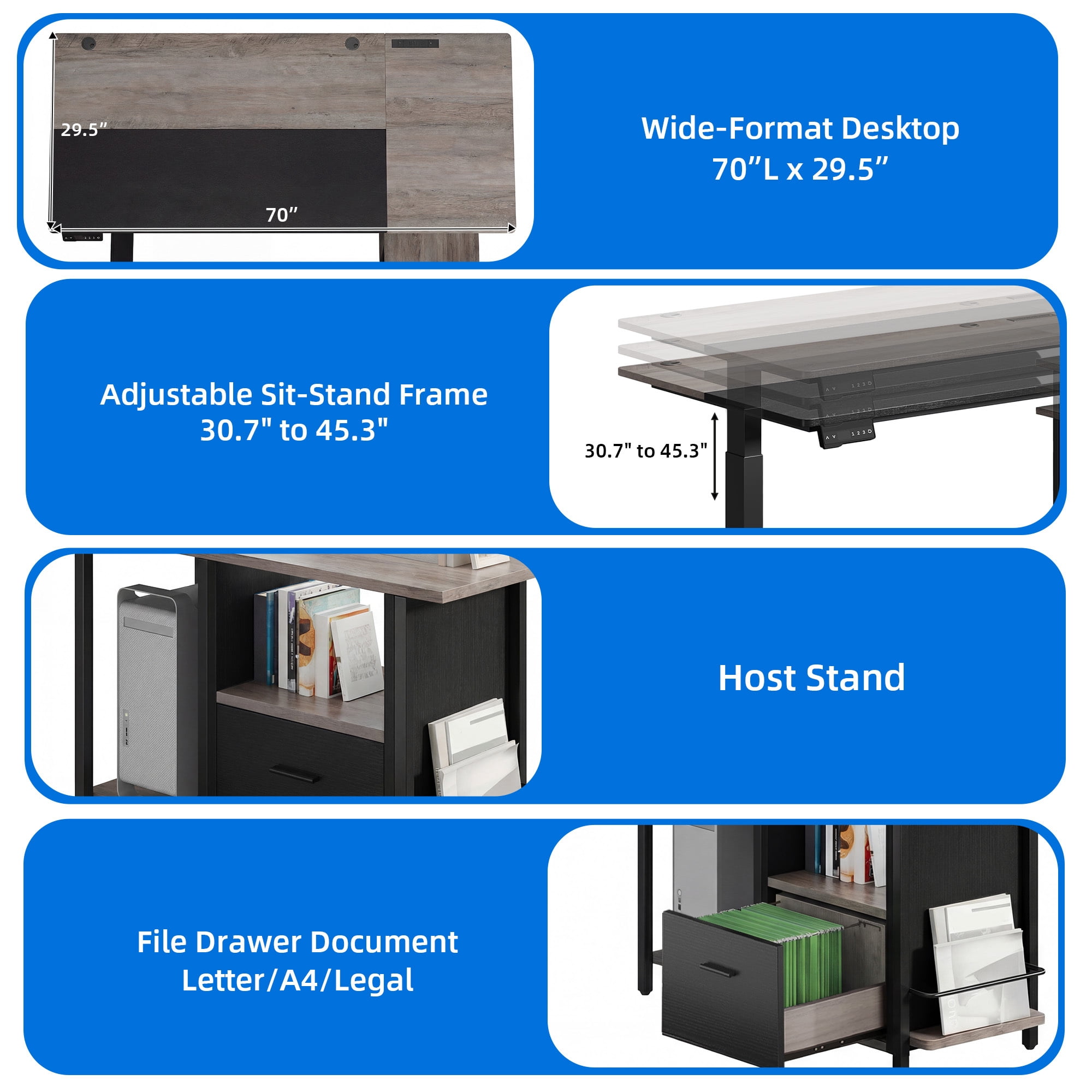 Dextrus 70.1" L Shaped Electric Standing Desk with Power Outlets, Adjustable Height Sit Stand Corner Executive Desk with Drawers & Shelves, Grey + Black
