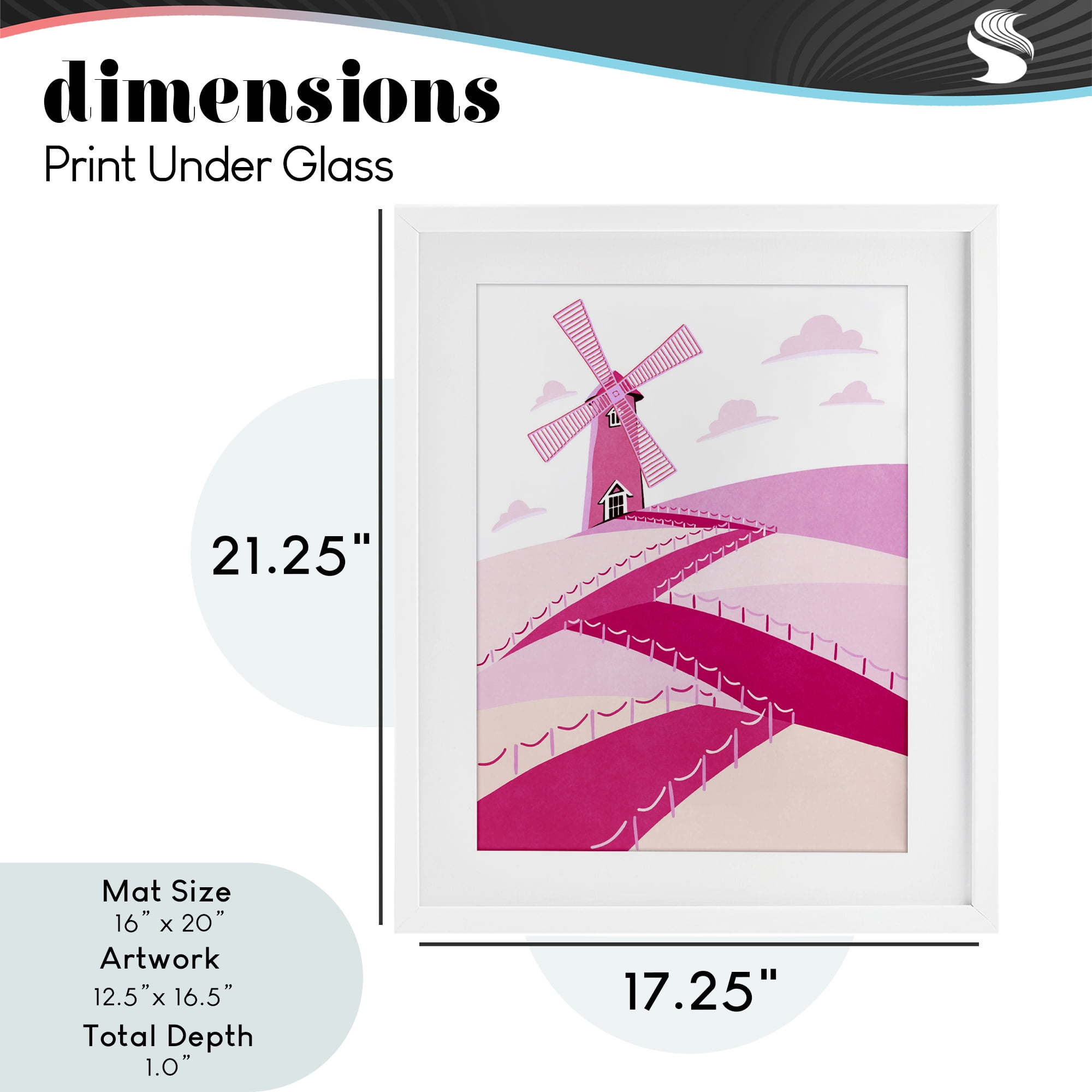 Pink Hills and Windmill White Framed Print Under Glass, design by Ziwei Li