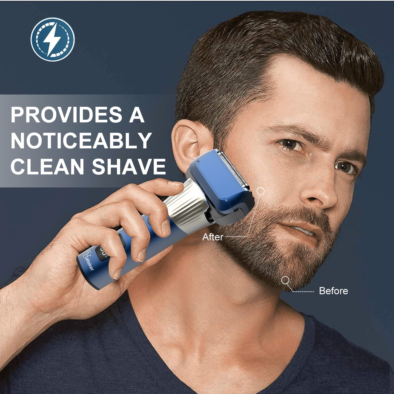 HATTEKER Electric Shaver Five-Head Mesh Shaver IPX6 Waterproof LED Display 2 Speed Settings Blue