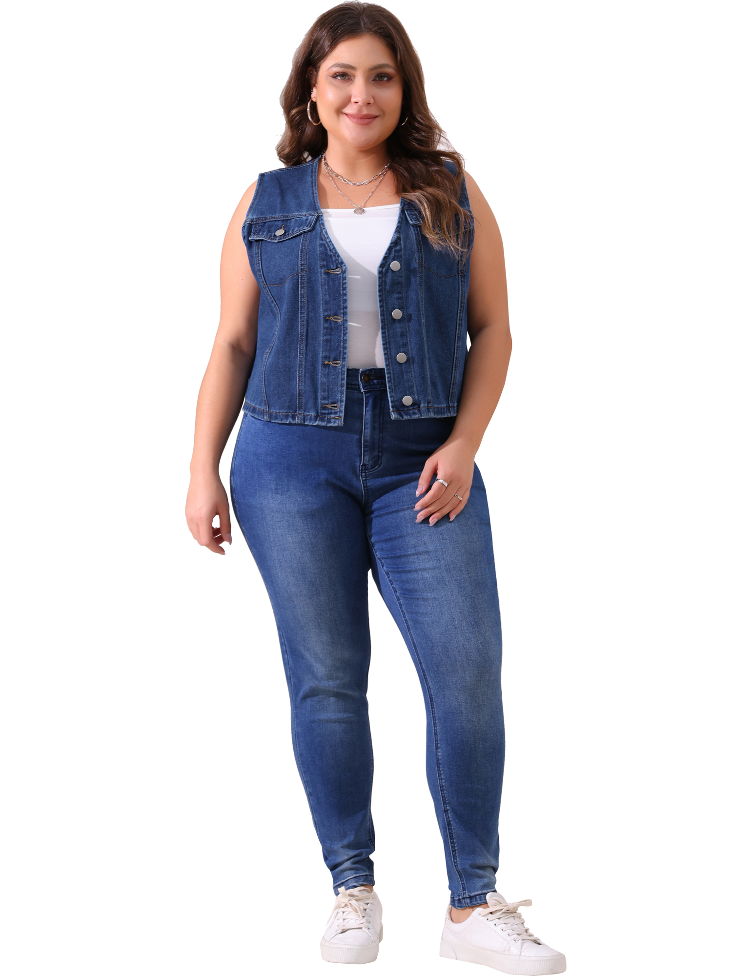 DARING DIVA Women's Plus Size V Neck Button Down Casual Denim Vest 4X Blue