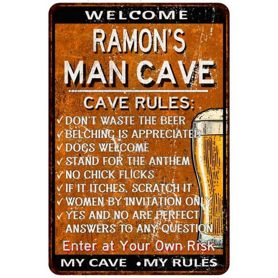 RAMON'S Man Cave Rules Rusty Sign Garage Decor 12 x 18 Matte Finish Metal 112180051216
