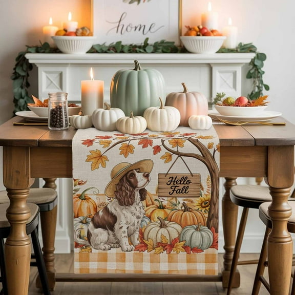 Fall Dog Pumpkin Table Runner, Autumn Thanksgiving Kitchen Dining Table Decoration for Home Party Decor 13x36 Inches