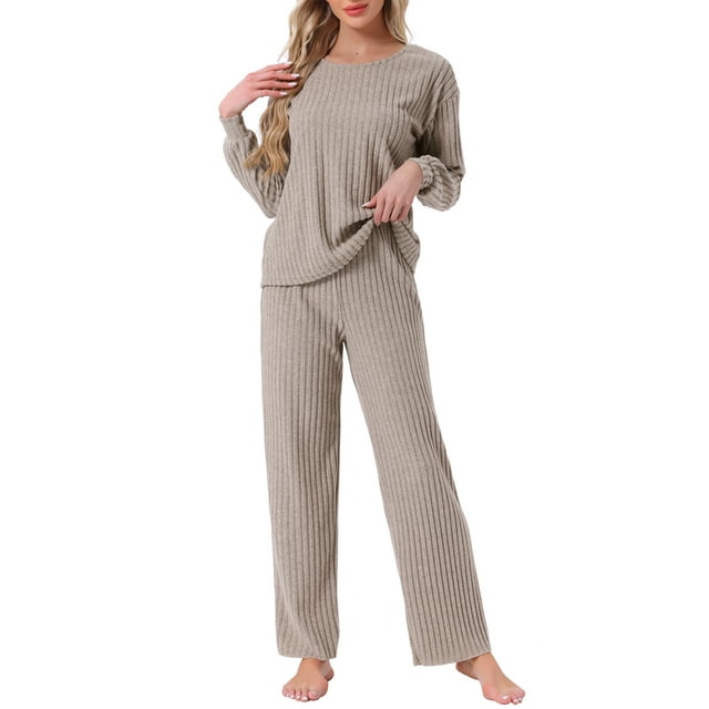 INSPIRAR CHIC Conjuntos de Pijamas de Punto Acanalado para Mujeres de 2 Piezas, Parte Superior de Manga Larga y Pantalones, Ropa de Dormir, Pjs, Conjuntos de Ropa de Casa L Camel