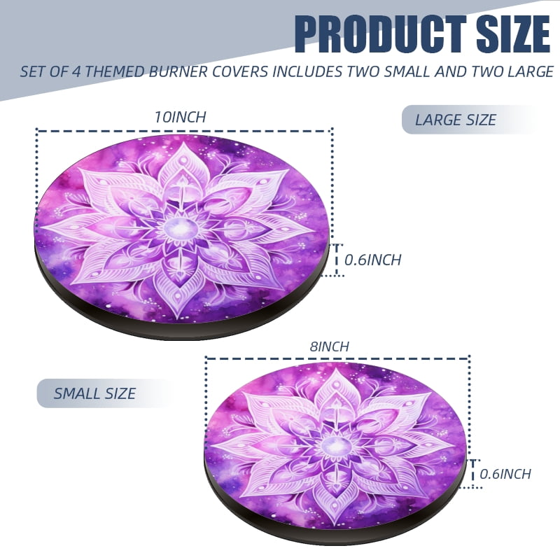 Set of 4 Round Electric Range Burner Covers, Purple Mystery Mandala Lotus Flower Gas Stove Burner Covers for Kitchen Decoration , Two Small 8 Inches and Two Large 10 Inches