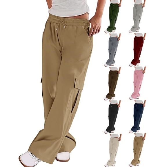 Wide Leg Pants Work Pants Mid Rise Relaxed Straight Leg Cargo Casual Trousers with Multi Pockets Plus Size Khaki XXXL