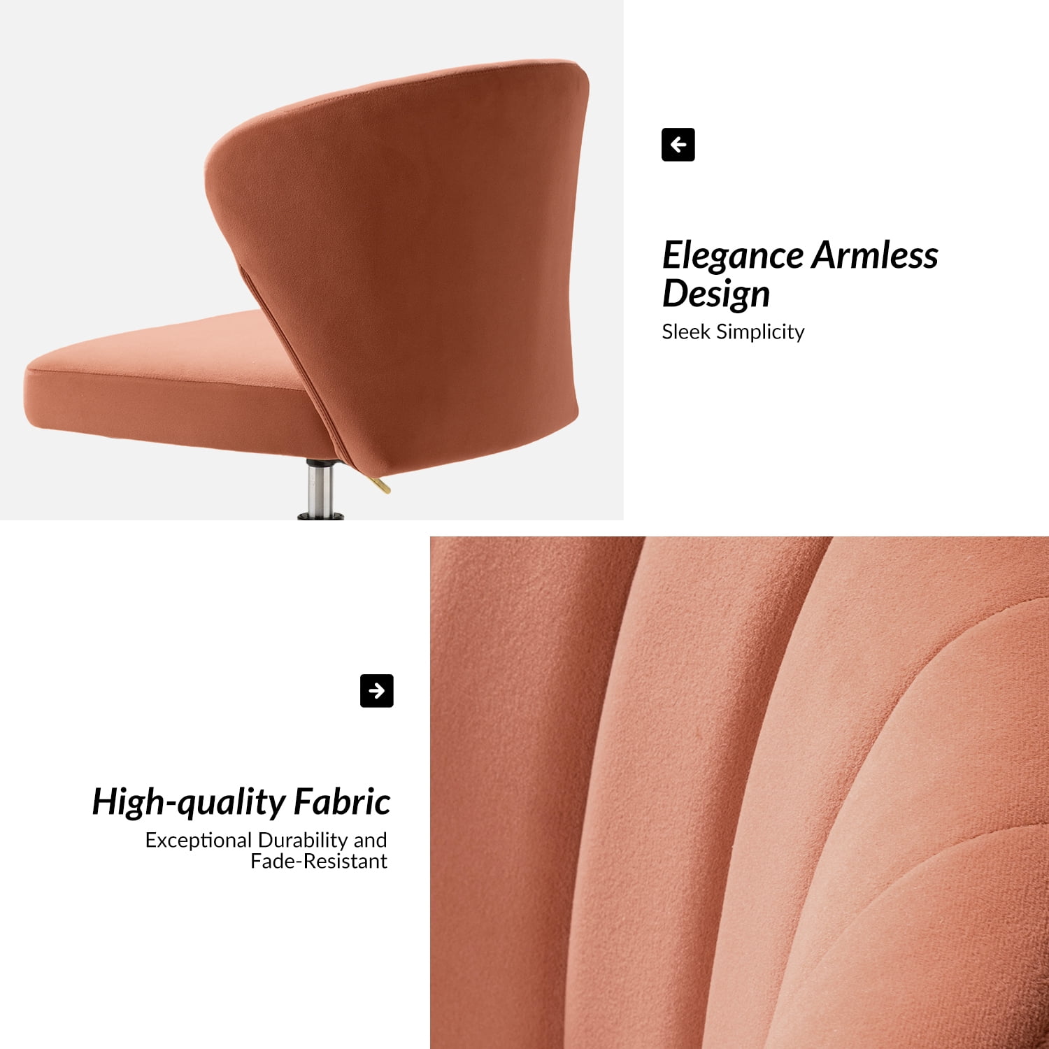 Tina's Home Coral Velvet Swivel Office Chair with Gold Legs, Adjustable Height Rolling Desk Chair for Vanity