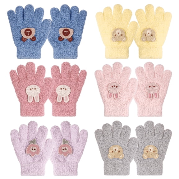 Bocaoying 6 Pairs Kids Winter Gloves, Soft Granular Mink Fleece Warm Cartoon Knit Gloves, Windproof Elastic Cuff Toddler Cold Weather Gloves for Boys Girls Aged 2-6