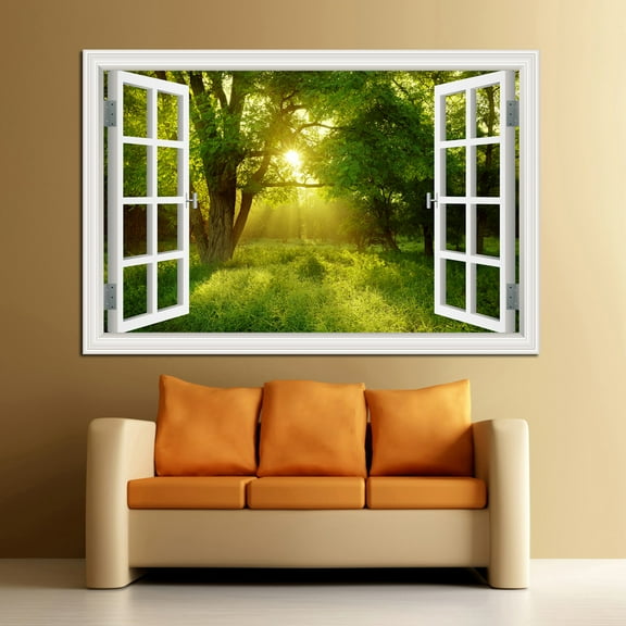 Self-adhesive Forest Landscape Wall Sticker Vinyl Nature Green Tree Fake Window Poster Wallpaper Peel and Stick for Bedroom Kitchen Decor