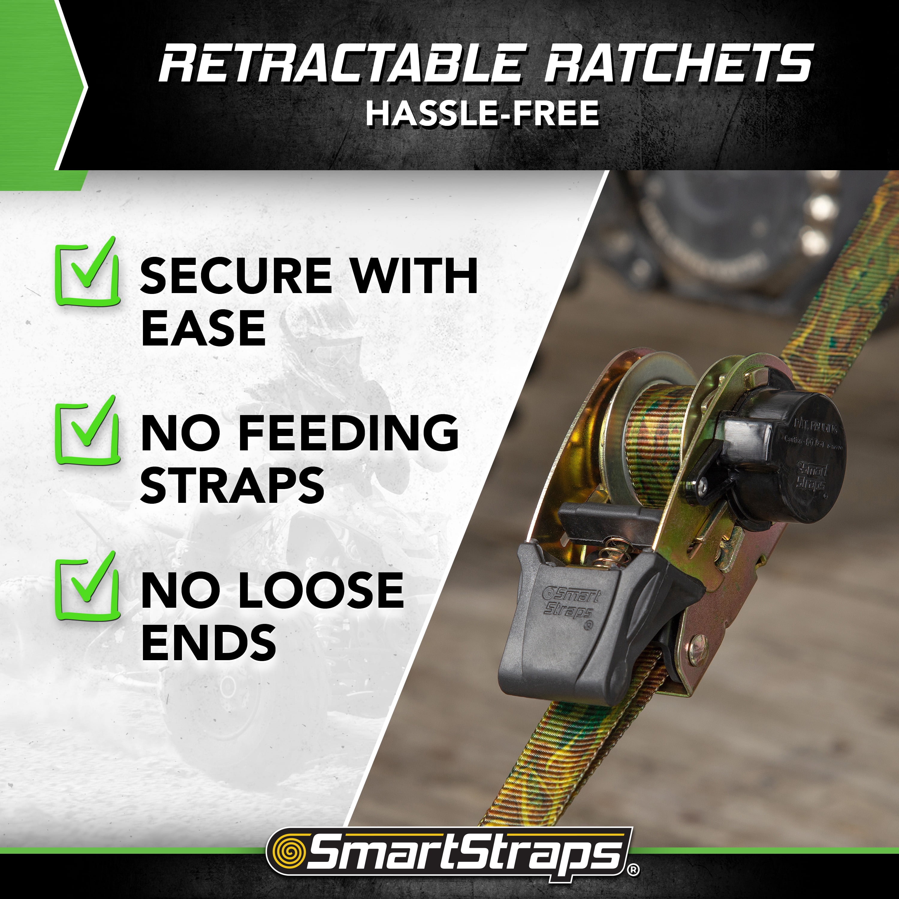 SmartStraps CamoX Retractable Ratchet Tie Down Straps, 1" x 6 ft, 500 lb Safe Work Load, 1,500 lb Break Strength, Standard Duty, 4-Pack
