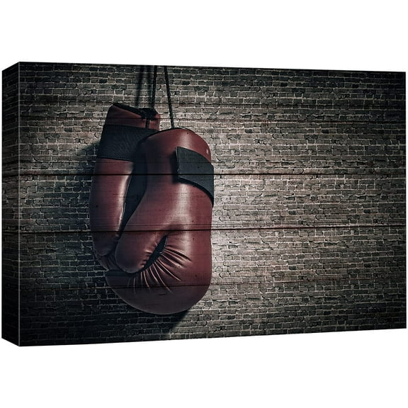 wall26 Canvas Print Wall Art Wood Panel Effect Brick Wall Retro Vintage Red Boxing Gloves Sports Fitness Photography Realism Decorative Scenic Multicolor for Living Room, Bedroom, Office - 16"x2