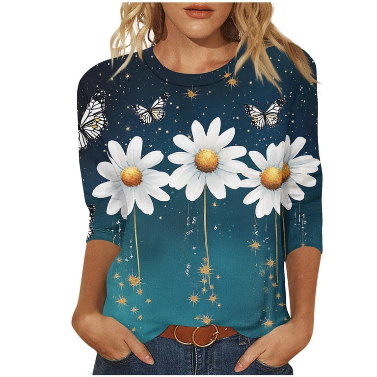 Plus Size Spring Blouse - 3/4 Sleeve Loose Fit Top With Round Neck For Women