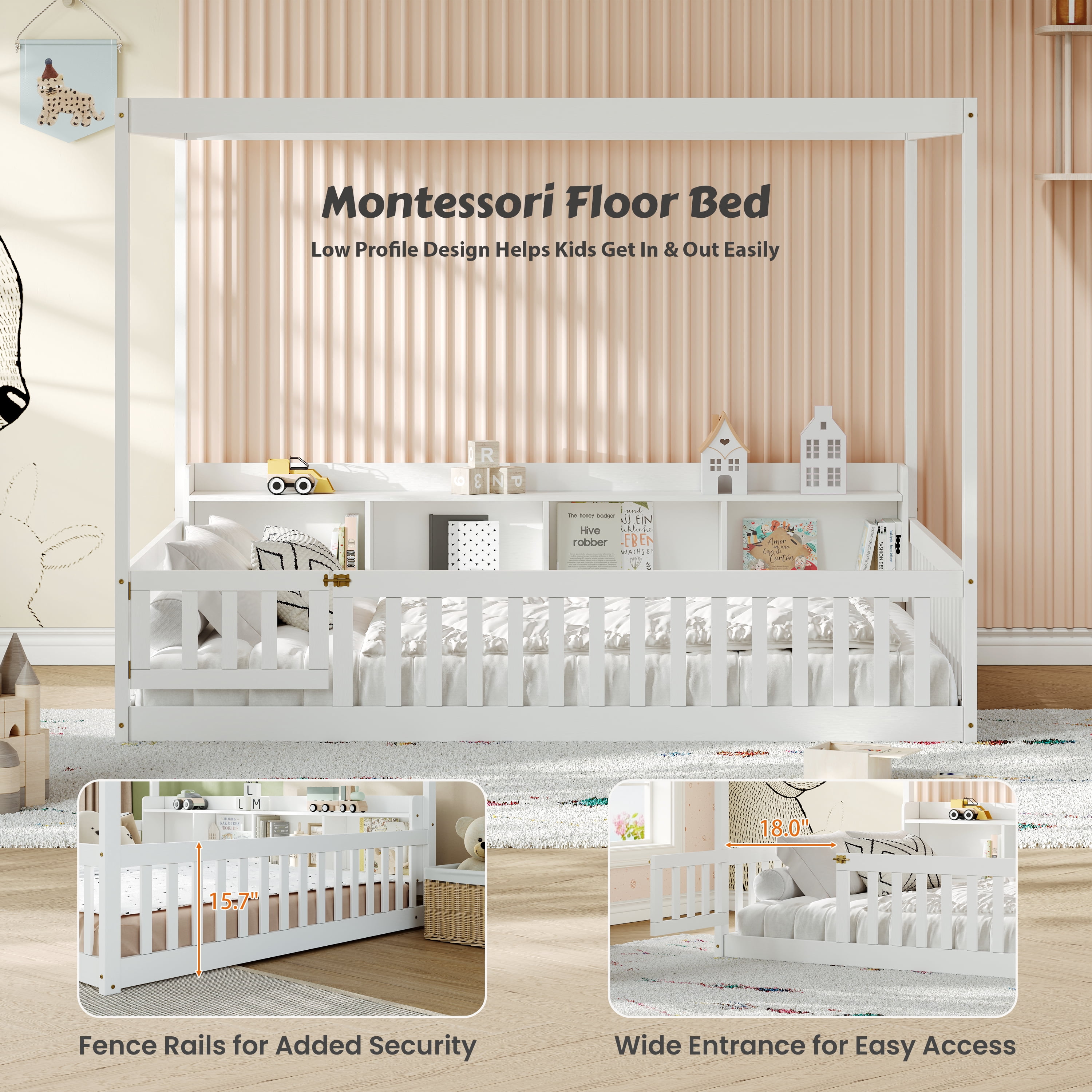 GARITIN Full Size Montessori Floor Bed, Headboard with Open Storage Cubbies, 4-Sided Guardrails with Access Door, Dual-Use Bed for Sleeping & Playing, White