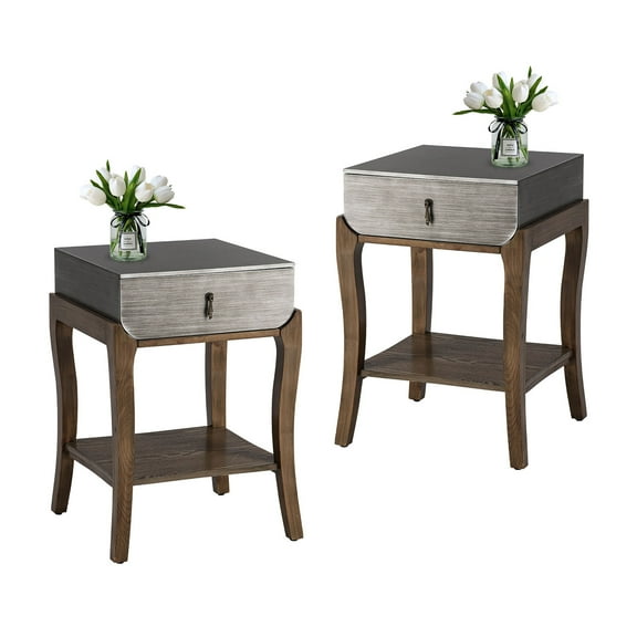 COSIEST 2PCS Farmhouse 4-legs Nightstand 2-Tier Wood Accent End Table with Storage Drawer, Shelf
