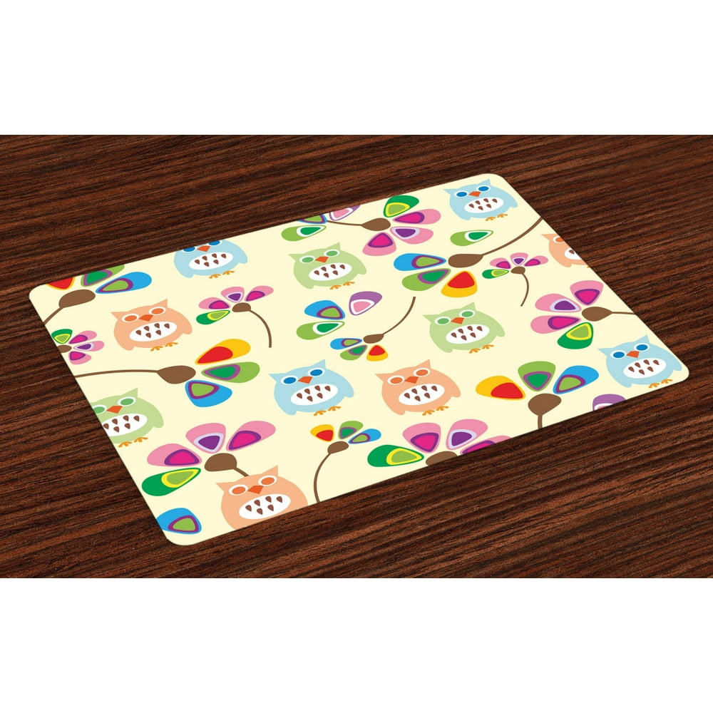 Cartoon Placemats Set of 4 Cute Design Owls with Flowers Leaves ...