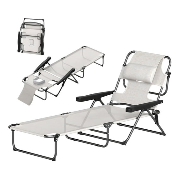 Cream White Folding Lounge Chair - Reclining Beach Chair for Outdoor Relaxation, Portable Sun Lounger with Face Hole