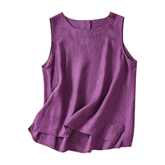 Meichang Débardeurs en Lin pour Femmes 2025 Été Sans Manches Crop Tops Décontractés Col Rond Coupe Ample Débardeurs Basiques Unis Ourlet Fendu sur le Côté