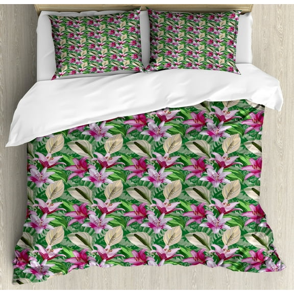 Watercolor Flowers Queen Size Duvet Cover Set, Lily Branches Jungle Begonia Leaves Rainforest Wild Aquarelle, Decorative 3 Piece Bedding Set with 2 Pillow Shams, Magenta Hunter Green, by Ambesonne