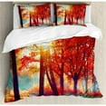 thumbnail image 3 of Tree Duvet Cover Set Twin Size, Autumnal Foggy Park Fall Nature Scenic Scenery Maple Trees Sunbeams Woods, Decorative 2 Piece Bedding Set with 1 Pillow Sham, Orange Yellow Teal, by Ambesonne, 3 of 3