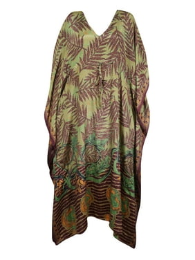 Mogul Women Green Maxi Kaftan V-Neck Printed Kimono Sleeves Resort Wear Housedress Holiday Caftan Dresses 2X