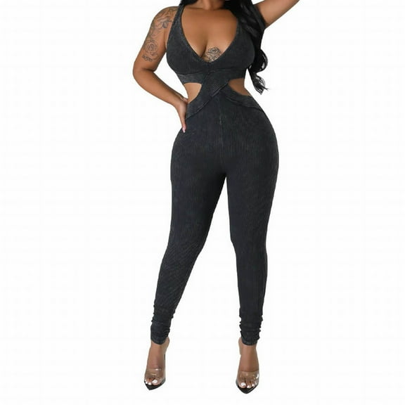 ZAZYULZ Summer Jumpsuits for Women 2024 Women's Sleeveless Sexy Deep V Neck Tight Hollowed Out Waist Jumpsuit(Black,M)