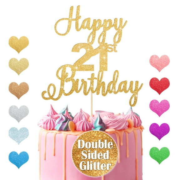 Happy 21st Birthday Cake Topper, Cheers to 21 Years Sign, 21 & Fabulous Party Decoration, Multi Colors Double Sided Glitter