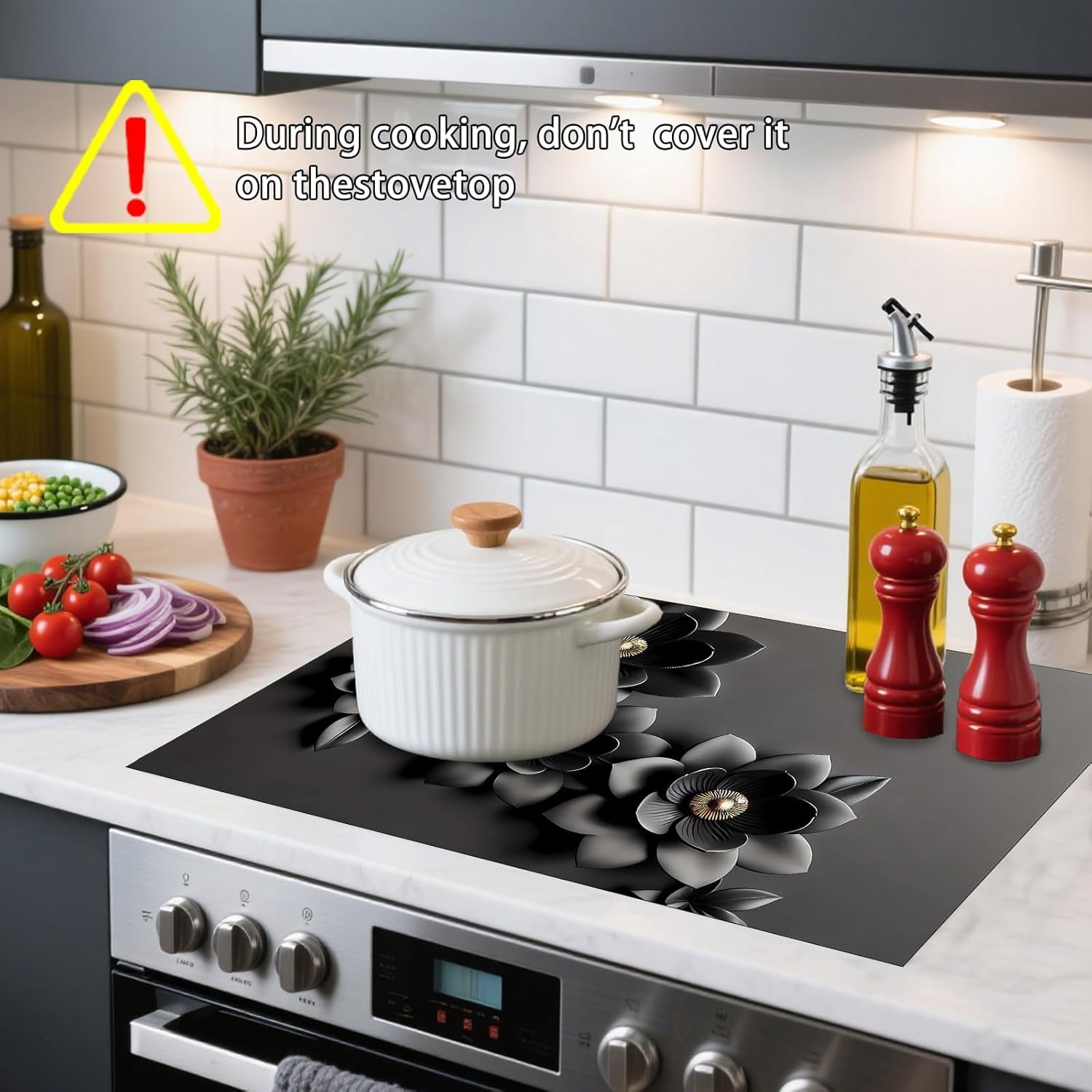 Stove Top Cover Polyester & Diatom Mud Blend 28.35×20.47inches (Black Gray Floral 3D-Look Design) Stove Top Cover for Kitchen, Ideal for Minimalist Decor, Cooking Areas, Home Styling