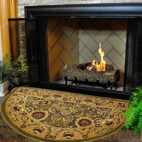46'' Half Round Green and Taupe Kashan Hearth Rug