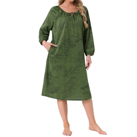 INSPIRE CHIC Women's Nightgown Long Sleeve Sleepwear Round Neck Tie Front Loungewear Nightshirt with Pocket S Green