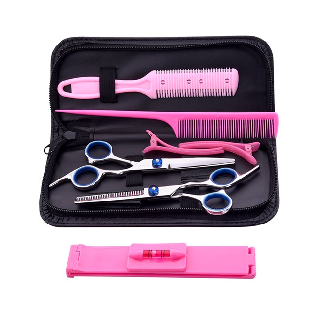 Juego Profesional de Tijeras y Accesorios para Cortar Cabello en Casa - Incluye Tijeras Dentadas, Planas, Peines y Clips - Ideal para Niños y Adultos