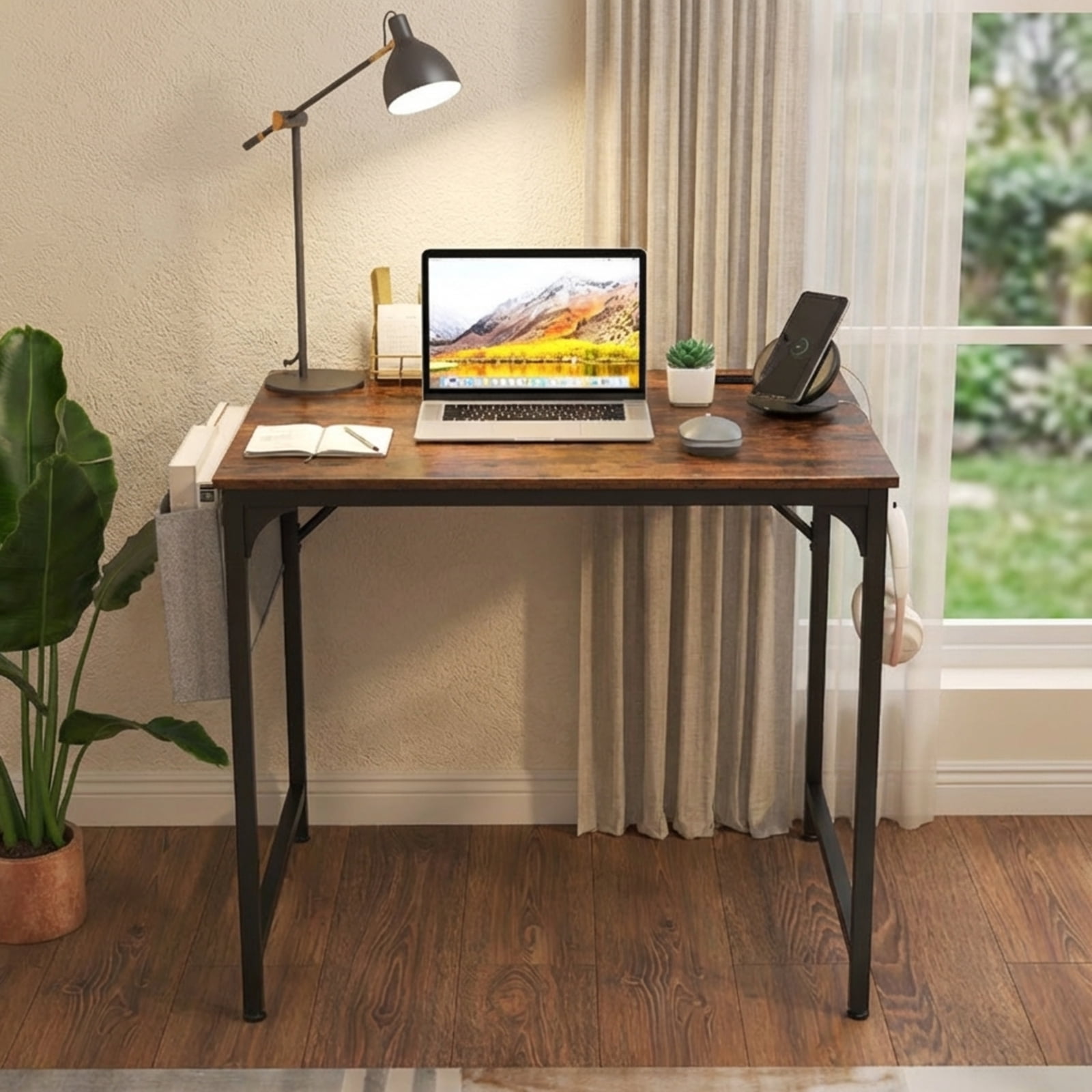 Furnibear 32 Inch Home Office Writing Desk with Charging Station Storage Bag and Headphone Hook - Rustic Brown