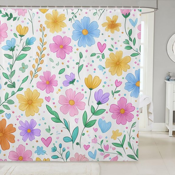 Floral Shower Curtain Colorful Watercolor Flowers Fabric Bath Curtain with Hooks for Bathroom 71x71 inches