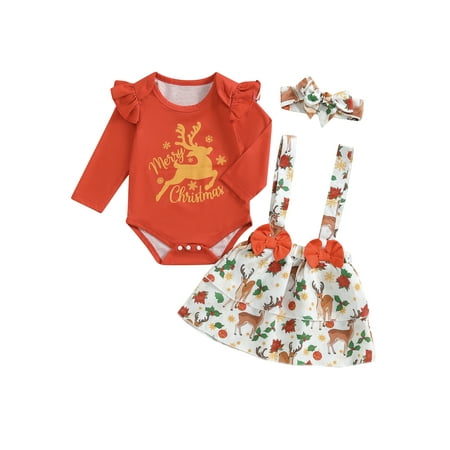

CocMouse Girls Christmas Outfit Elk Print Romper and Suspender Skirt Headband