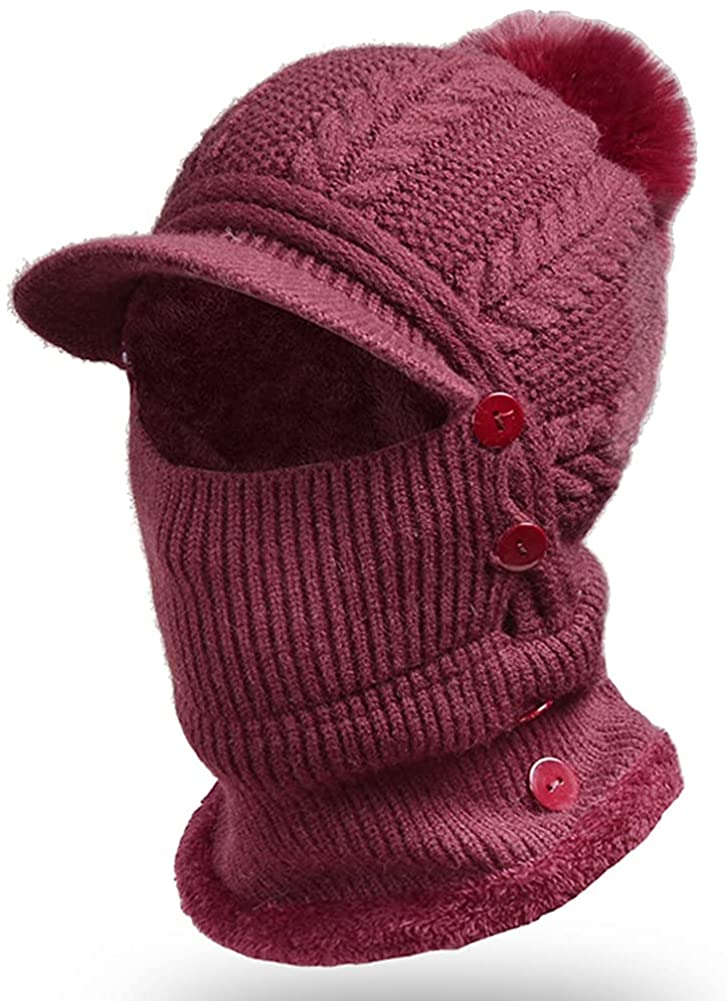 Women's One Piece Fleece Lined Beanie Hat & Scarf Set - Winter Warm Knitted Ski Mask With Pom Pom, Pink - View #9