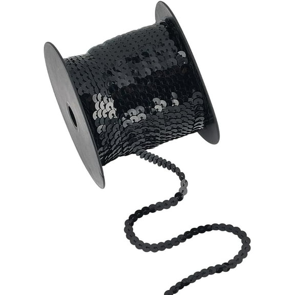 100 Yards 6MM Black Sequin Ribbon Trim Sequin String Bulk PVC Flat Shiny Glitter Spangle Paillette Sequins Trim for Sewing Dress Costume DIY Crafts Party Decoration Headband Fringe Embellish