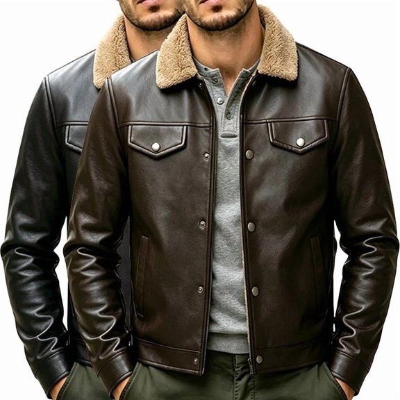 Hulanddfd Mens Jacket Shearling Collar Faux Leather Coat, Snap Button Outerwear with Flap Pockets, Winter Wear