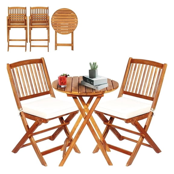 Bistro Table and Chairs Set of 2, Wood Folding Bistro Set for 2 with Detachable Soft Cushions, 3PC Outdoor Wood Bistro Set for Patio, Balcony, Garden & Yard (Natural Color)