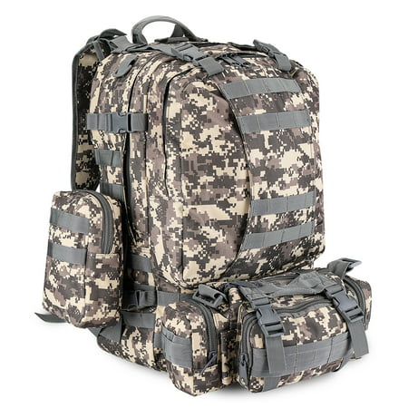 3-in-1 Tactical Backpack (Arctic Camo) 55L Large Army Assault Pack w/ Detachable Shoulder Messenger Bag 2 Side Packs, MOLLE Gear Attachment System, Bug-out Bag Daypack Rucksack for Outdoor