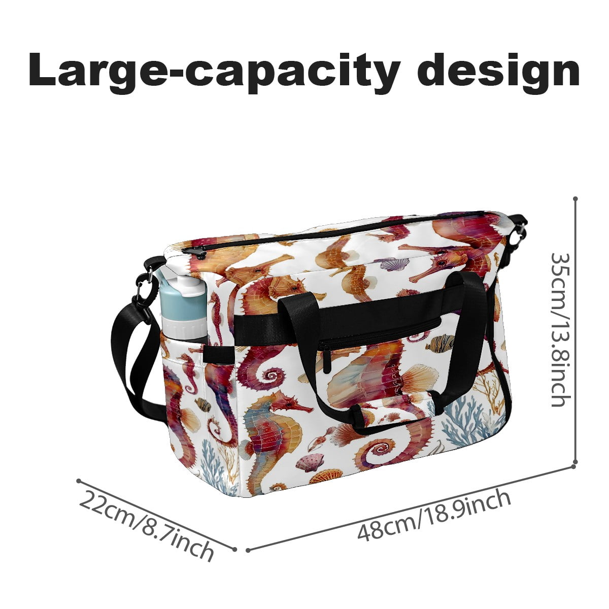 Large Gym Bag with Shoe Compartment, Water-Resistant Duffle Bag for Men and Women, Multicolor Seahorses Watercolor Sports Tote for Workout Travel