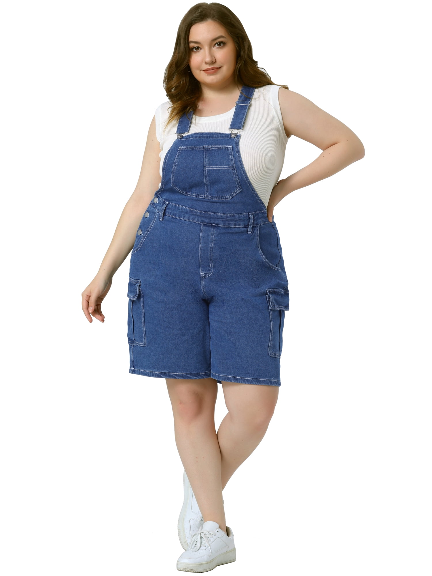 DARING DIVA Women's Plus Denim Cargo Adjustable Strap Jeans Pants 4X Blue